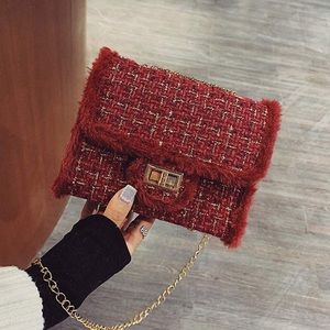 Tweed Handbag with Fur Accents Crossbody Purse